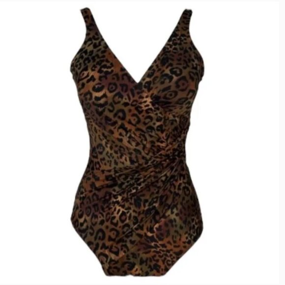 Miraclesuit Oceanus One Piece Swimsuit Faux Wrap Ruched Animal Print Bro… - Picture 2 of 11